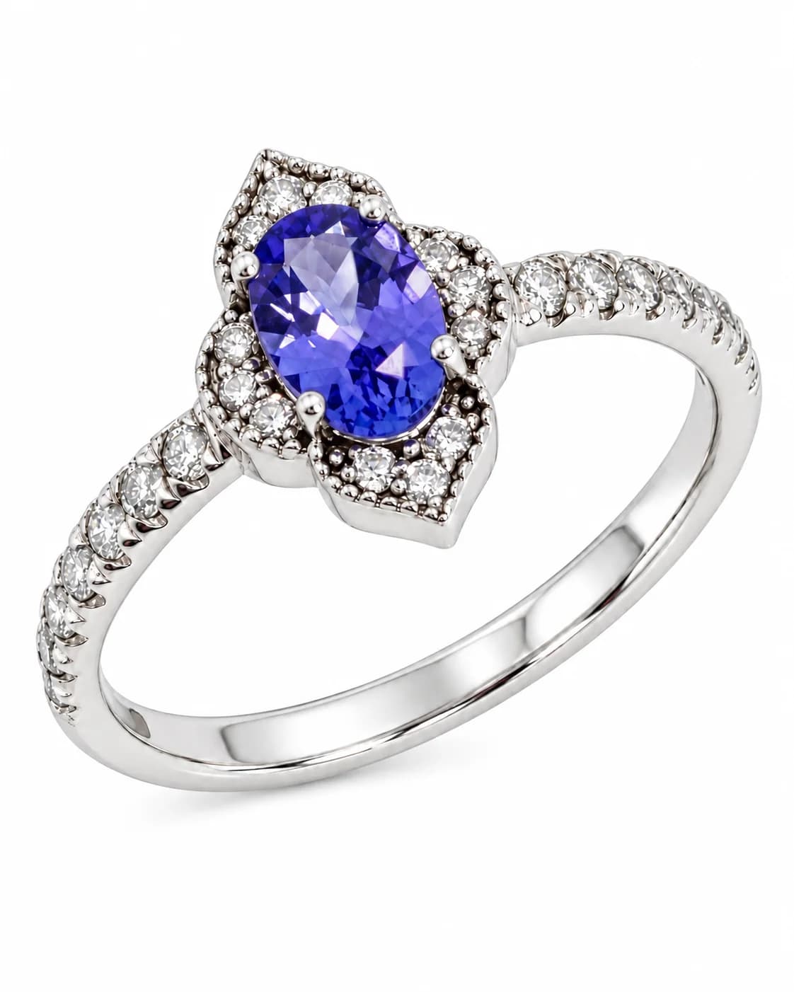 14K White Gold Ring with Natural Tanzanite and Natural Diamonds