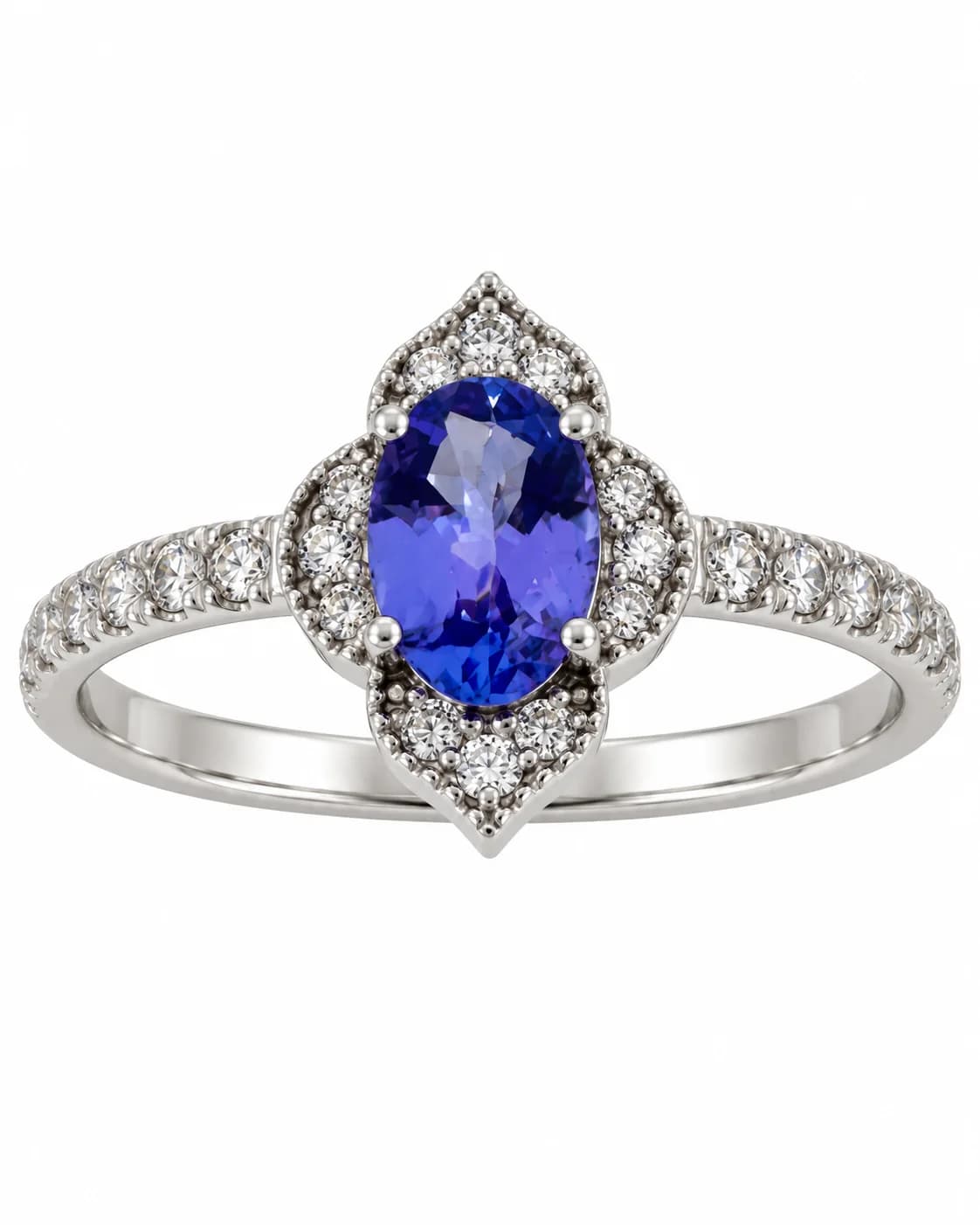 14K White Gold Ring with Natural Tanzanite and Natural Diamonds