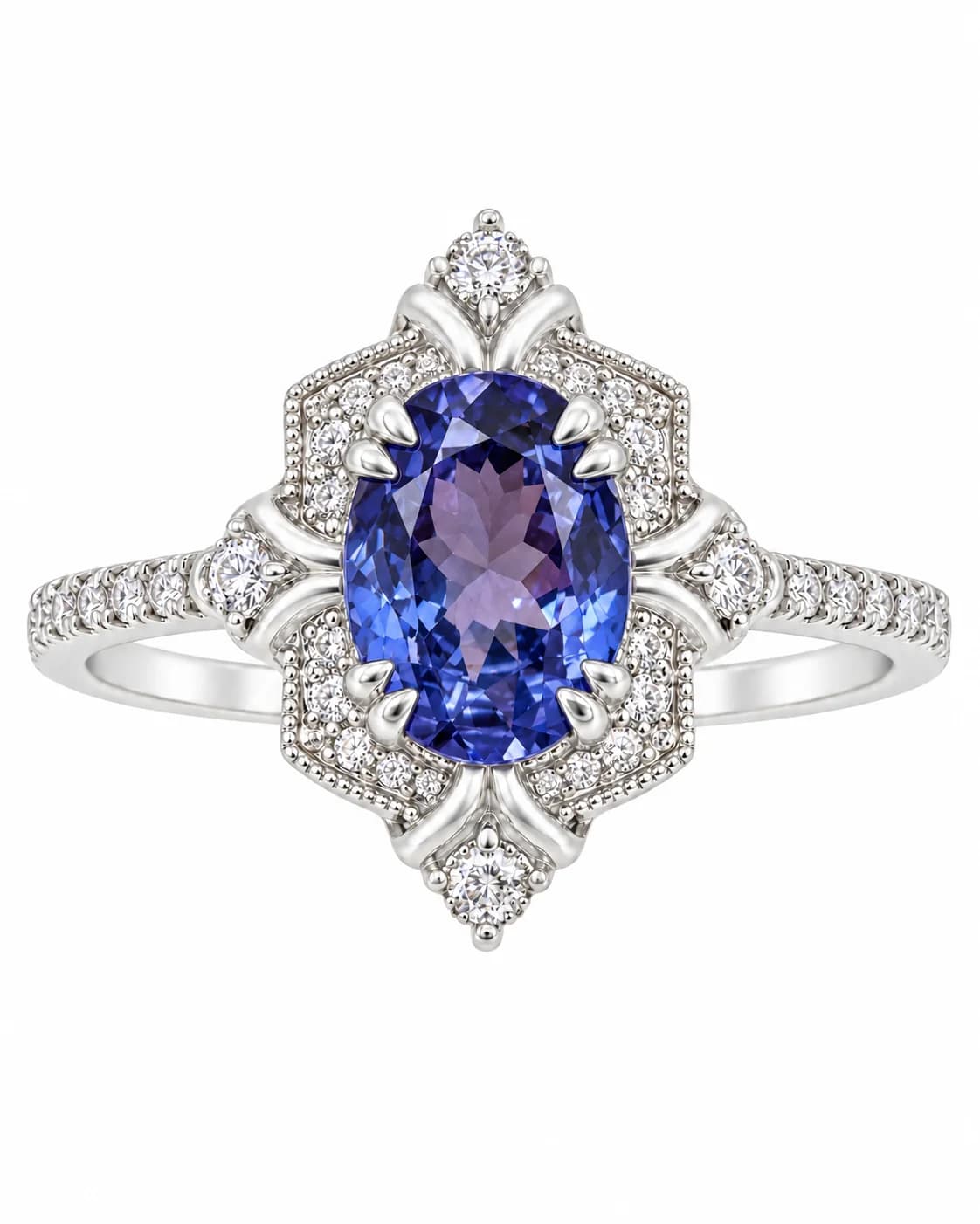 14K White Gold Ring with Natural Tanzanite and Natural Diamonds - 1