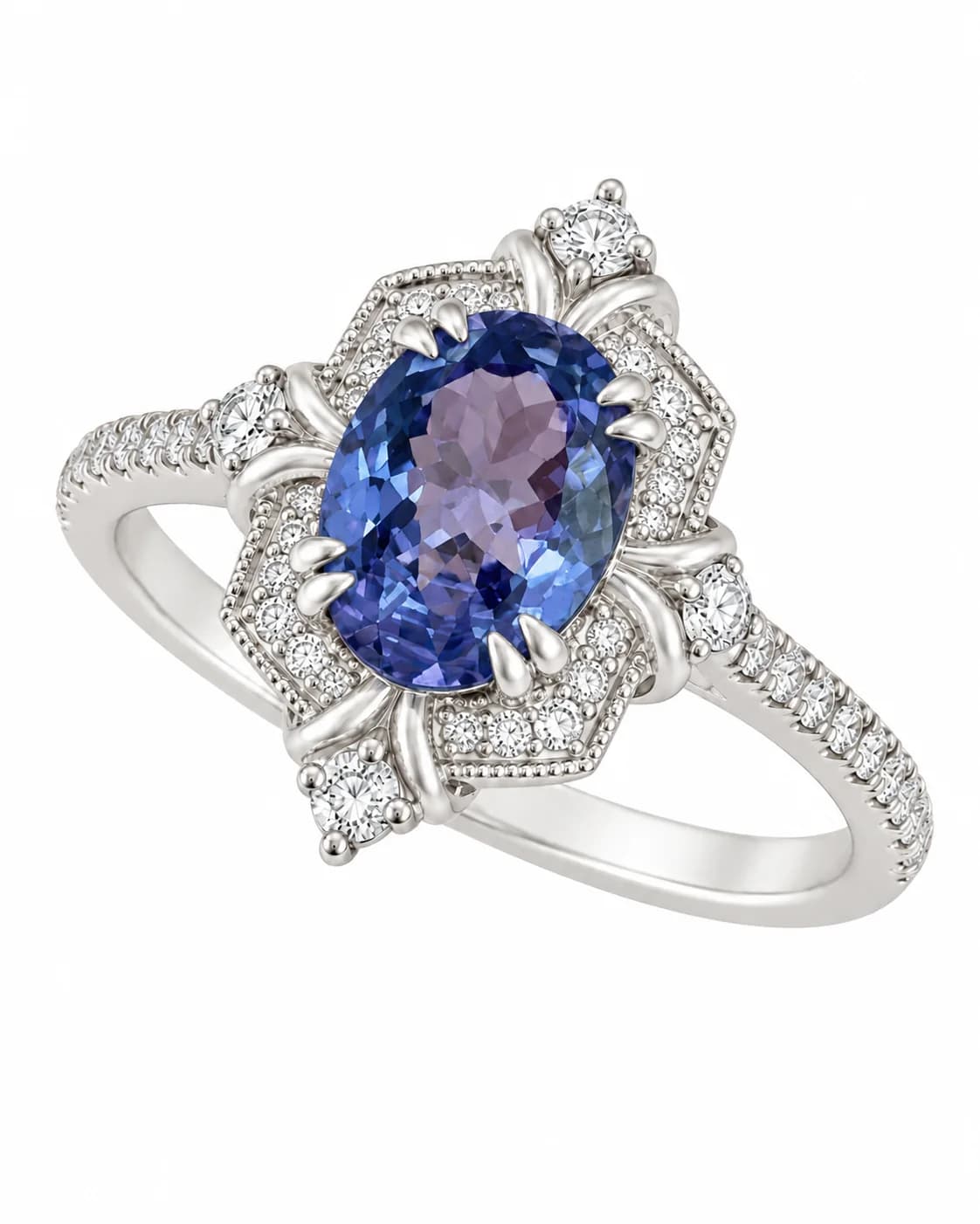 14K White Gold Ring with Natural Tanzanite and Natural Diamonds - 3