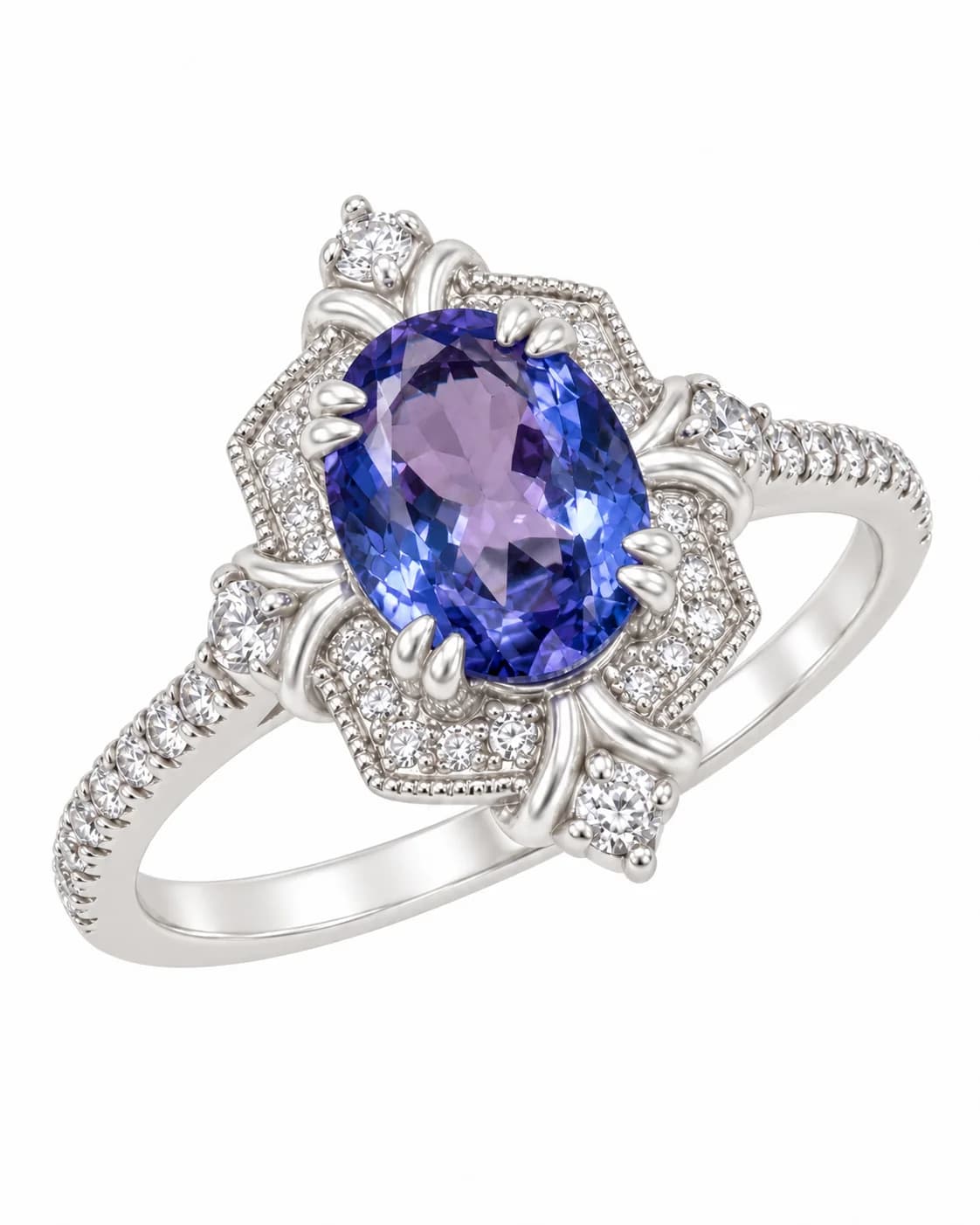 14K White Gold Ring with Natural Tanzanite and Natural Diamonds - 2